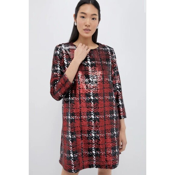 NEW TUCKERNUCK Sequin Pierre Dress Red Houndstooth Plaid Size Medium - Picture 1 of 11